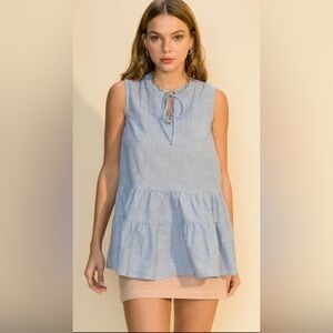 HYFVE Blue and White Sleeveless Tiered Striped Top.  Size Small